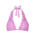 Pink lace bikini top with halter neck on a white background