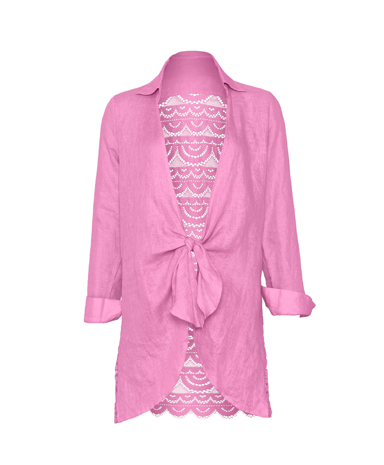 Pink lace-trimmed cover up on a white background