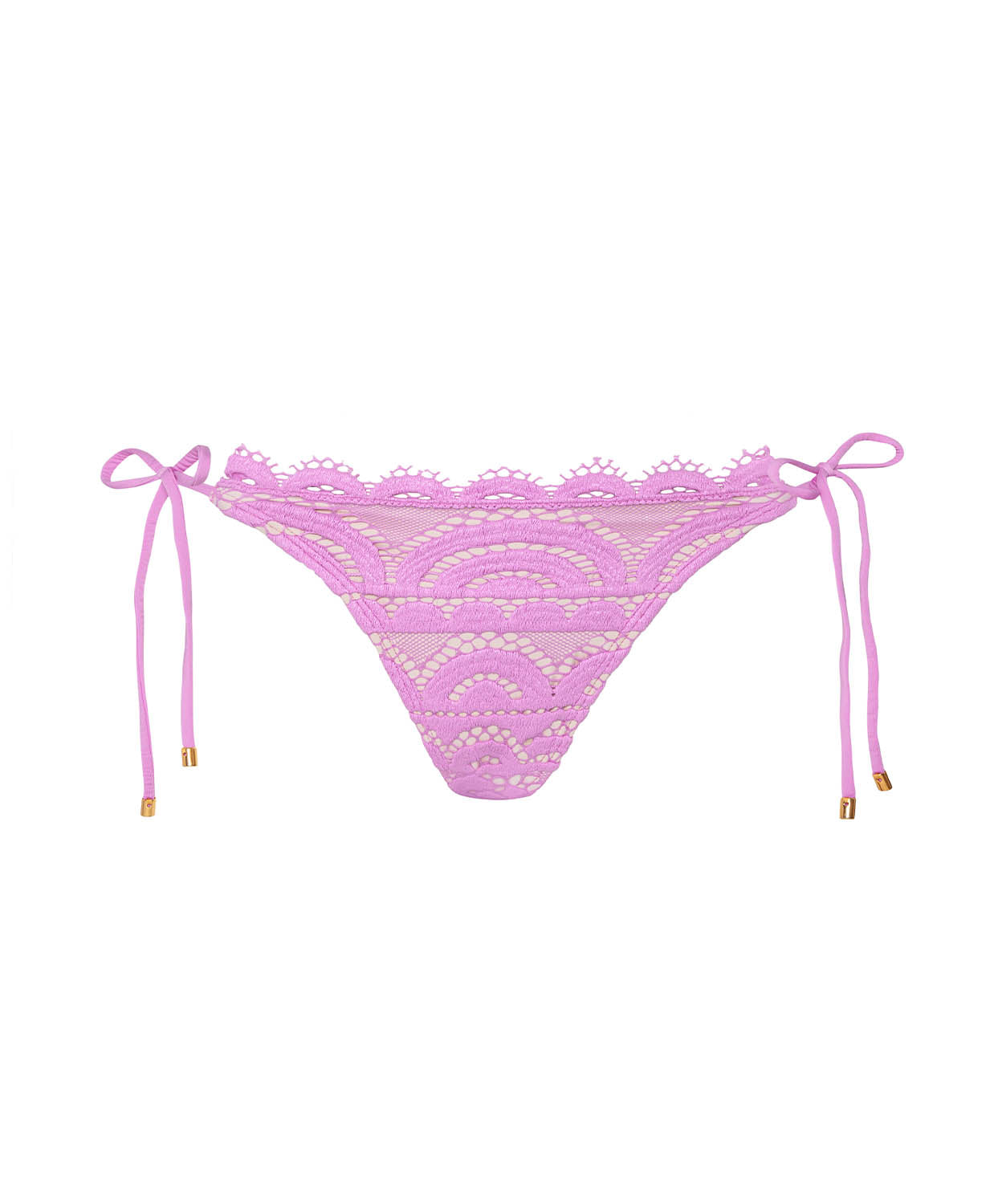 Pink lace bikini bottom on a white background