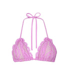 Pink bikini top with lace details on a white background