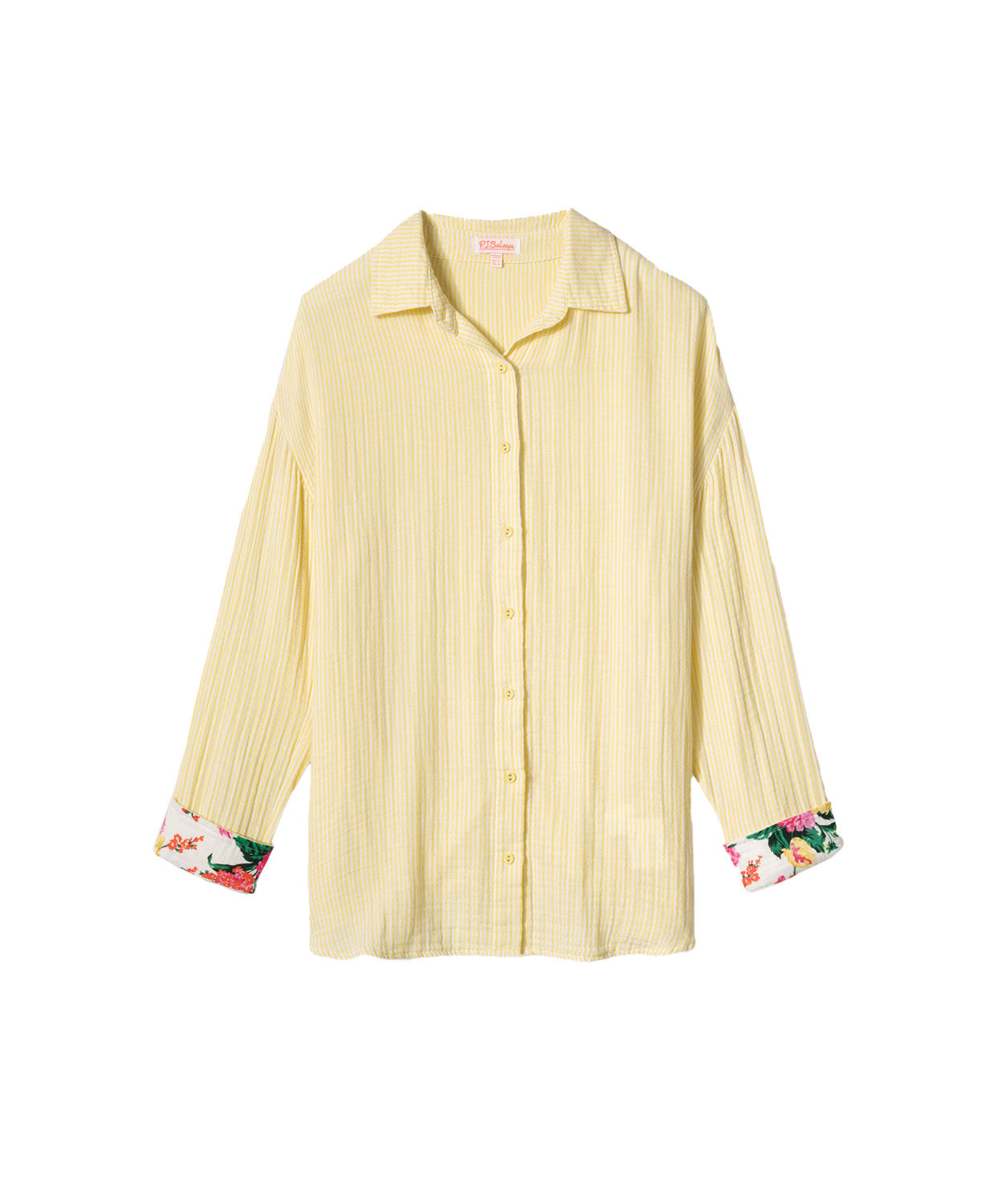 Yellow Gauze Long Sleeve with subtle yellow and white stripes, rolled-up sleeves revealing tropical floral print, button-up front and crisp collar.