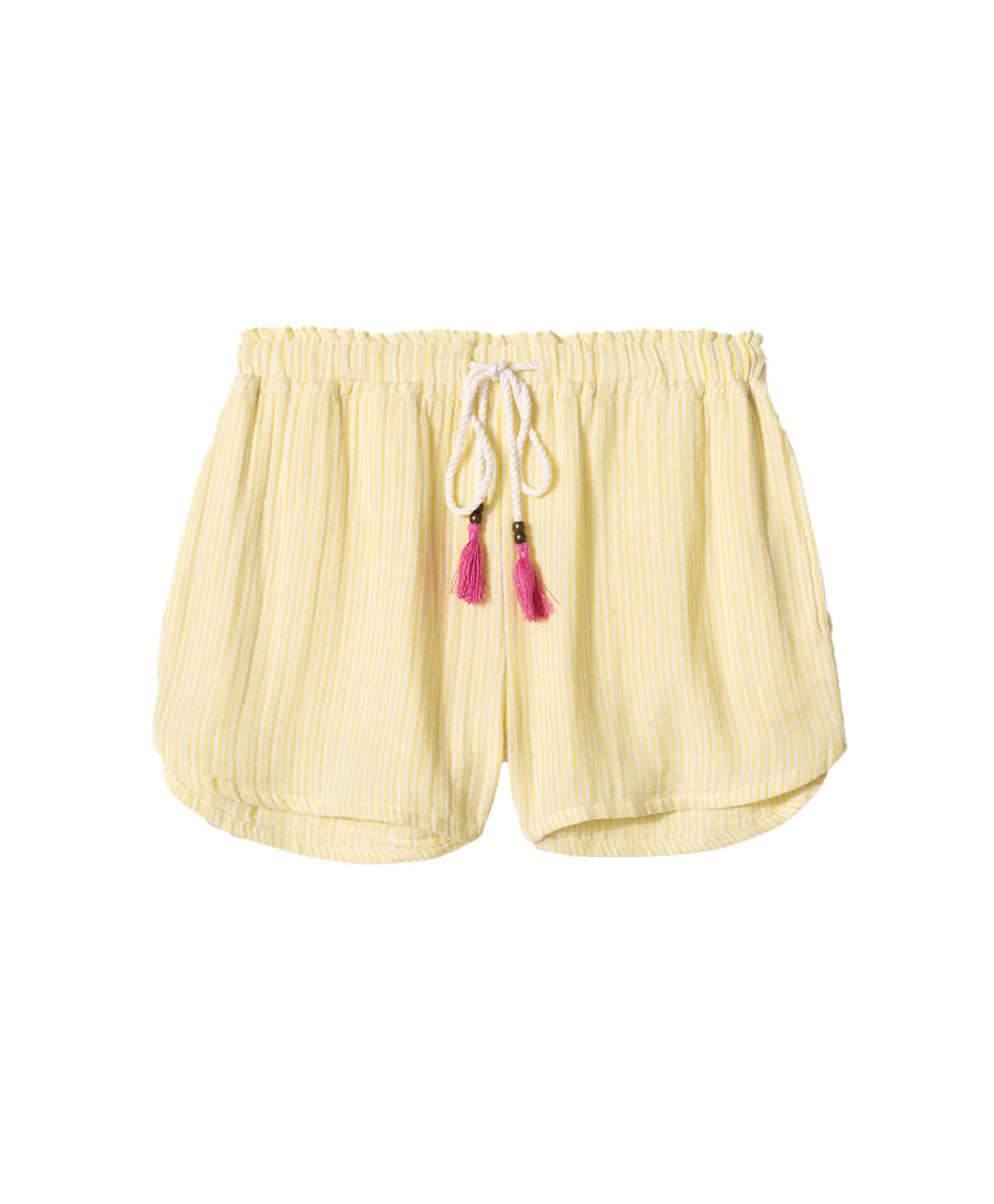 Yellow Stripe Gauze Short in sunny yellow and white pinstripes, featuring soft fabric and playful pink tassel ties, styled for casual summer wear or lounging.