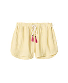 Yellow Stripe Gauze Short in sunny yellow and white pinstripes, featuring soft fabric and playful pink tassel ties, styled for casual summer wear or lounging.