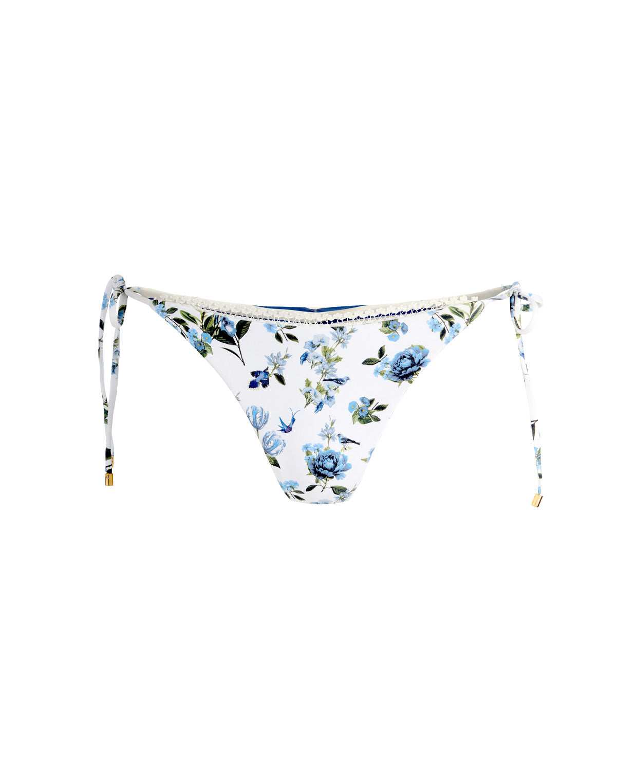 American Beauty Reversible Tie Side Bottom striped royal blue on one side and fresh floral print on the other with lace-trim embroidery and string ties