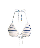 American Beauty Reversible Triangle Top bikini with royal blue stripes on one side and fresh floral print on the other, lace-trim embroidered string silhouette.