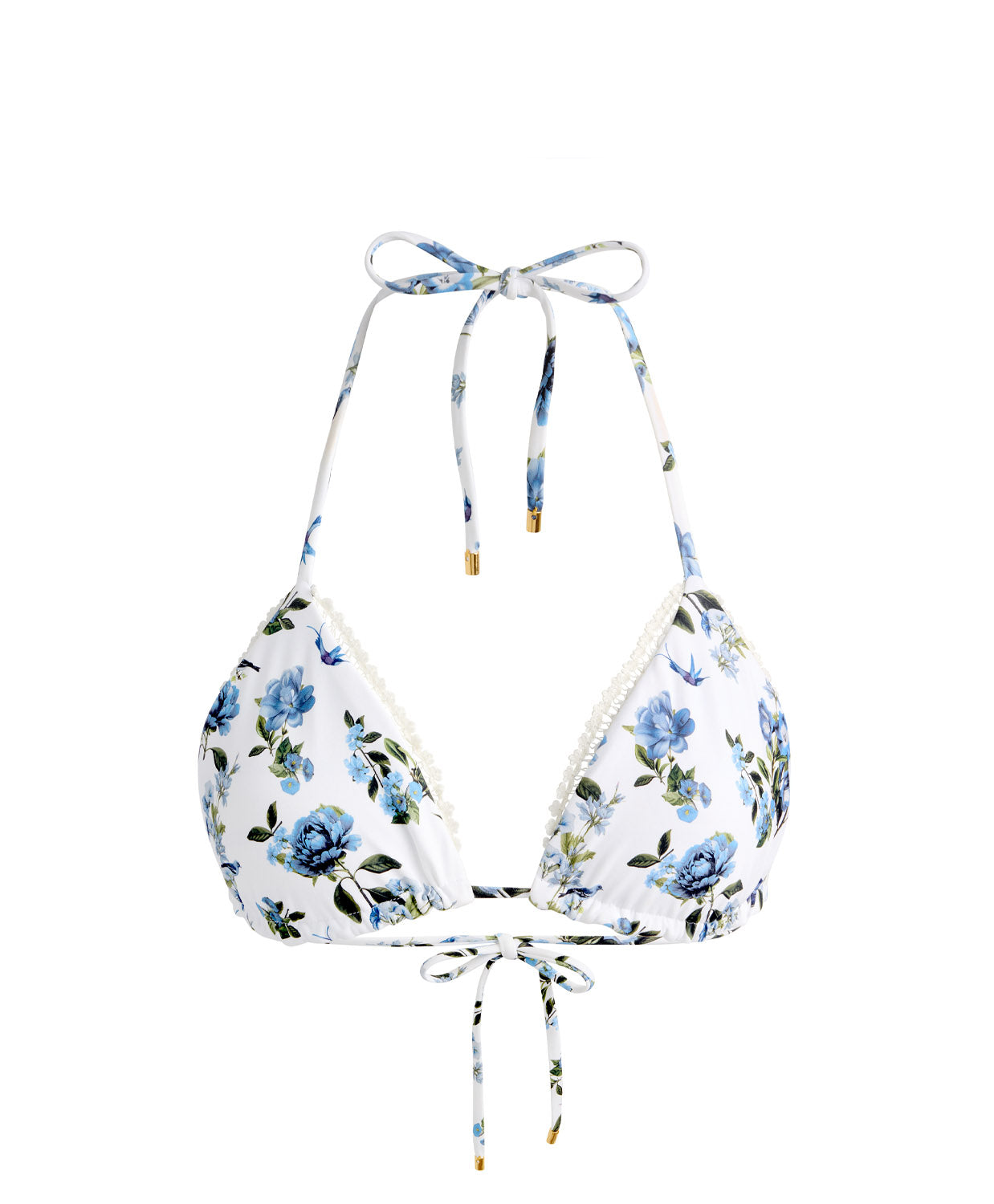 American Beauty Reversible Triangle Top bikini with royal blue stripes on one side and fresh floral print on the other, lace-trim embroidered string silhouette.