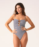 Blue and white striped one-piece swimsuit with seersucker texture