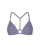 Navy and white striped seersucker triangle bikini top with adjustable ties