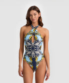Antique Scroll Cross Front One Piece halter swimsuit with front slit and oversized bow back