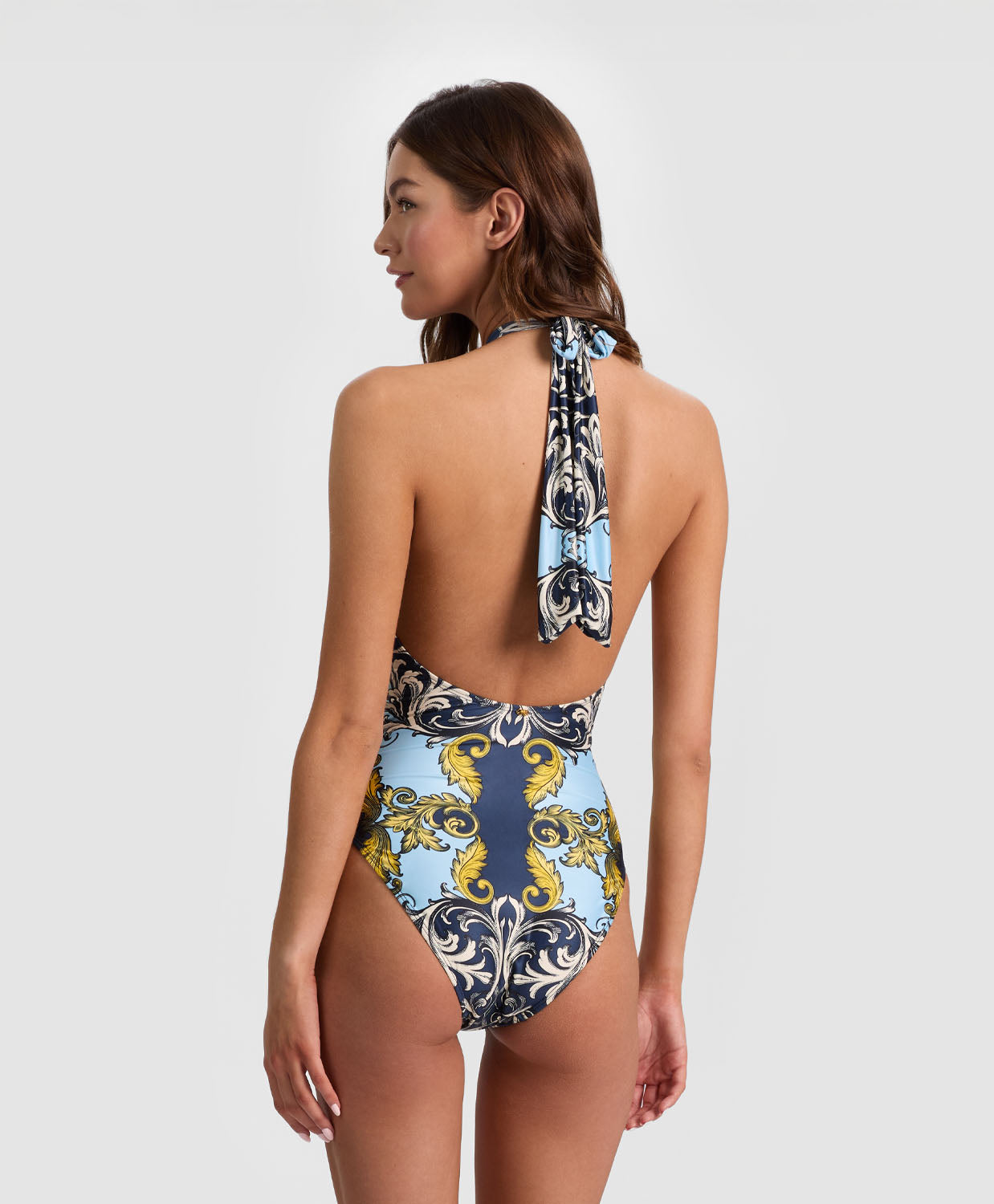 Antique Scroll Cross Front One Piece halter swimsuit with front slit and oversized bow back