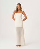 Biscotti Aura Dress lace strapless silhouette with sheer lace hem and back slit, elegant resort-ready dress