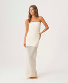 Biscotti Aura Dress lace strapless silhouette with sheer lace hem and back slit, elegant resort-ready dress