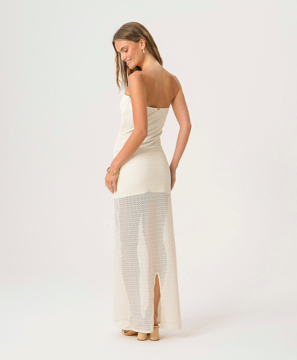 Biscotti Aura Dress lace strapless silhouette with sheer lace hem and back slit, elegant resort-ready dress
