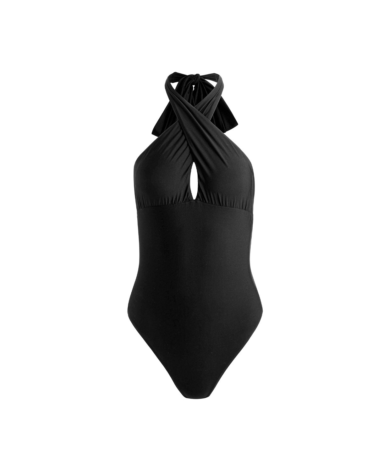 Black Cross Front One Piece from ALICE + OLIVIA x PQ Swim featuring a halter neckline, front peek-a-boo slit, and oversized bow back detail.