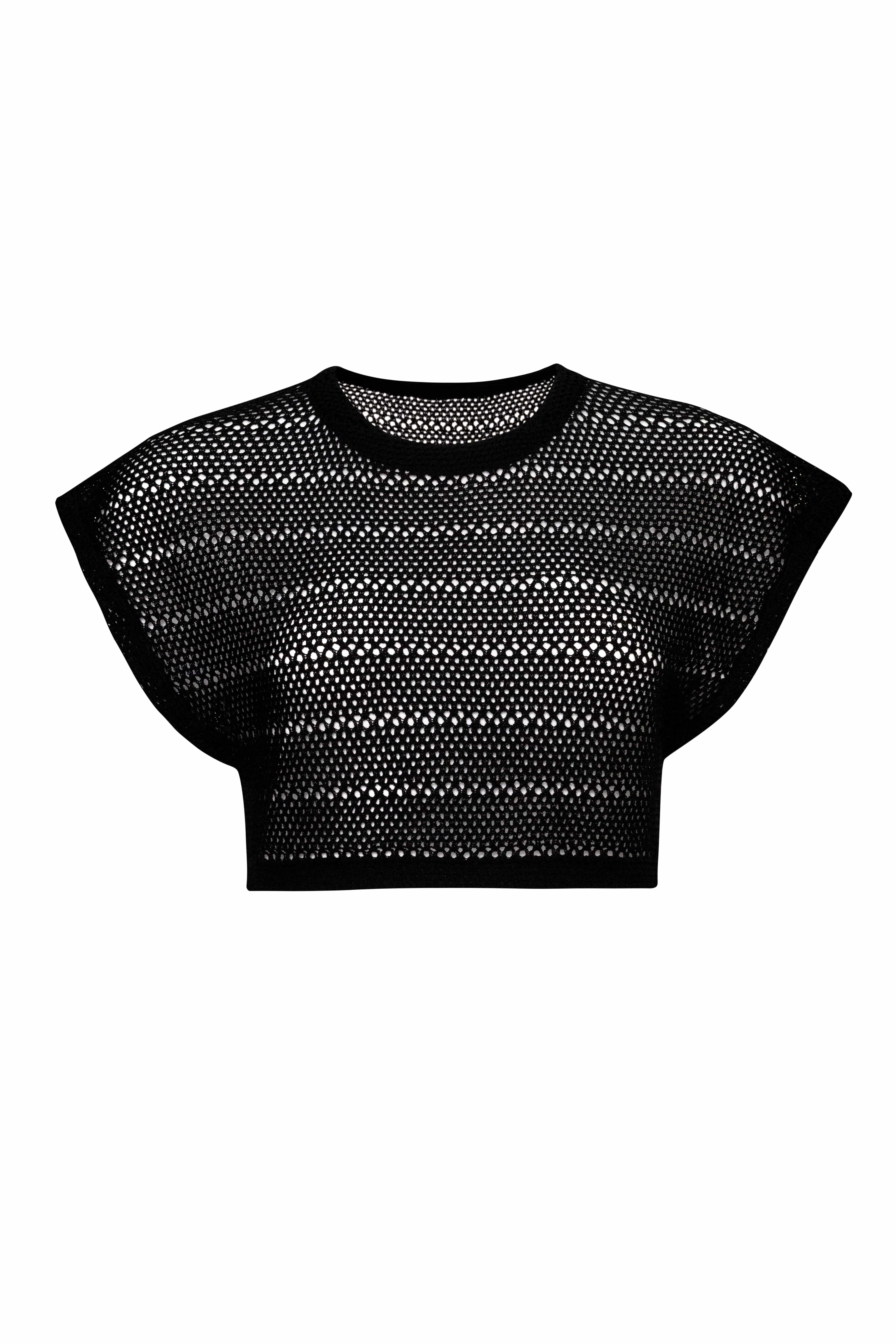 Black knit crop top in front of a white background. 