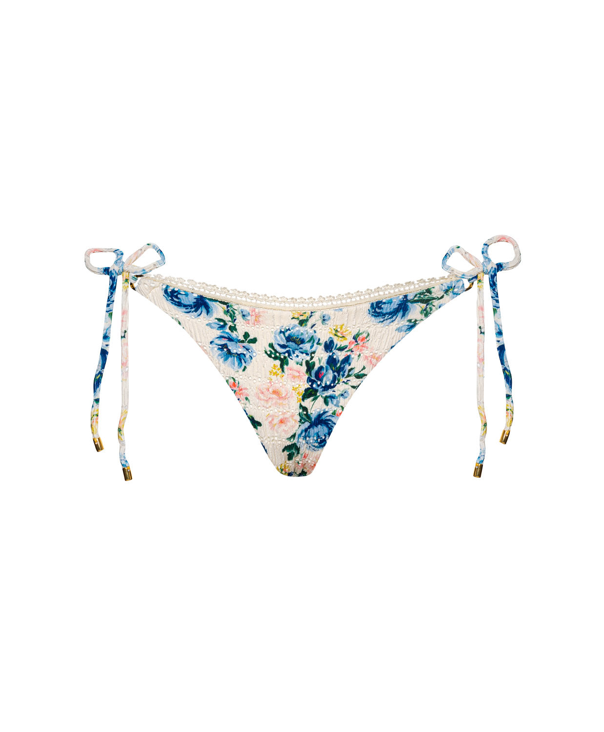 Blossom Carrie Tie Side Bottom low-rise bikini bottom with floral print, textured fabric, and adjustable tie sides