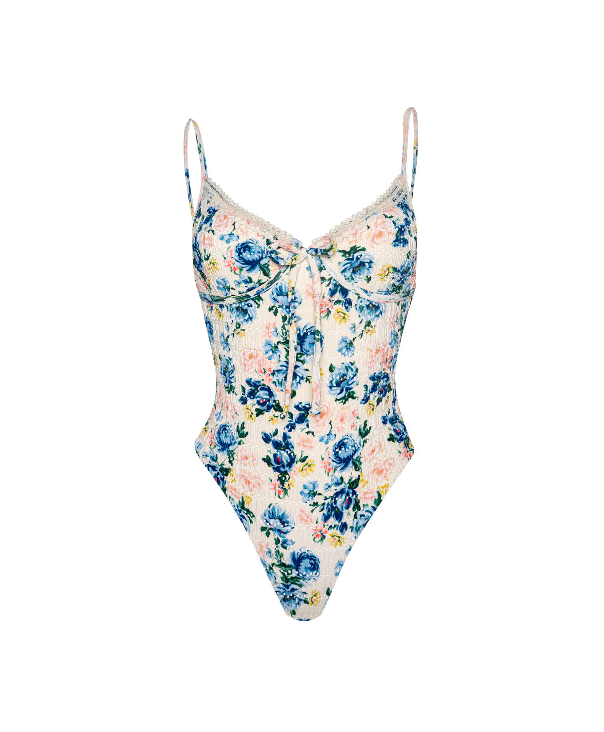 Blossom Marilyn One Piece floral underwire swimsuit with crochet trim and front bow