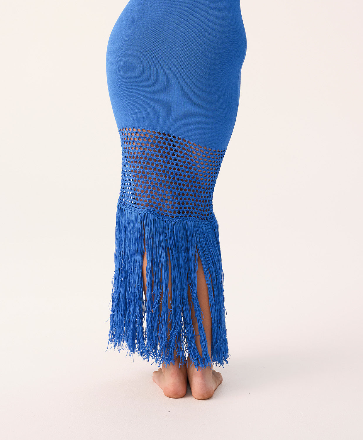 Blueberry Claudia Fringe Dress, a classic knit silhouette with playful fringe and crochet details