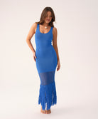 Blueberry Claudia Fringe Dress, a classic knit silhouette with playful fringe and crochet details