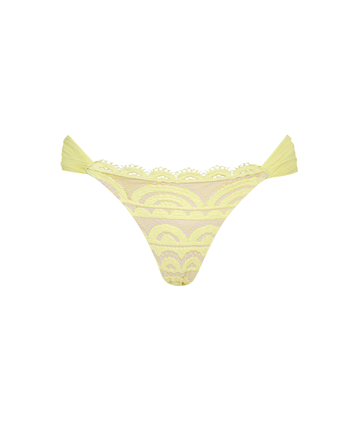 Buttercup Lace Fanned Bottom bikini bottom in pastel yellow with hand-cut lace, cheeky fit, and ruched back detail.