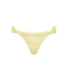 Buttercup Lace Fanned Bottom bikini bottom in pastel yellow with hand-cut lace, cheeky fit, and ruched back detail.