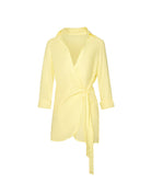 Buttercup Lily Cover Up in pastel yellow linen with classic collar, tailored sleeves, and adjustable side tie.