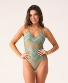 Chevy Alice One Piece women’s swimsuit in multicolor gradient chevron with gold lurex, plunging V-neck