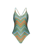 Chevy Alice One Piece women’s swimsuit in multicolor gradient chevron with gold lurex, plunging V-neck