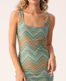 Chevy Cora Dress – multicolor chevron mini dress with gold shimmer details.