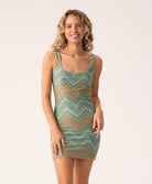 Chevy Cora Dress – multicolor chevron mini dress with gold shimmer details.