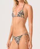 Cleo Paige Triangle Top – animal-print bikini top with adjustable ties and removable padding.