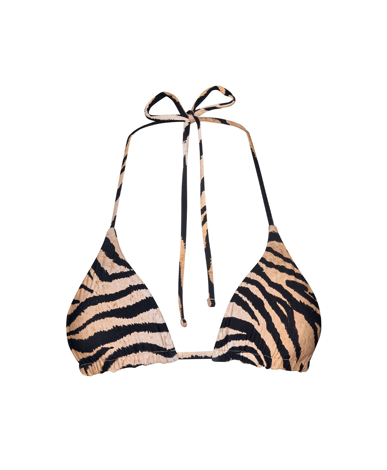 Cleo Paige Triangle Top – animal-print bikini top with adjustable ties and removable padding.