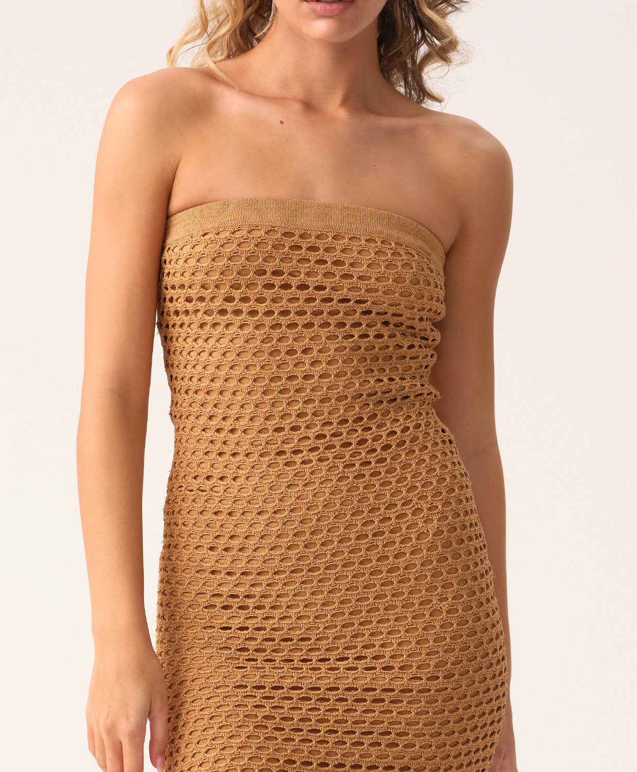 Copper Tessa Dress with macramé netting and gold lurex detailing.