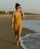 Copper Tessa Dress with macramé netting and gold lurex detailing.