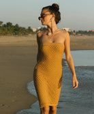 Copper Tessa Dress with macramé netting and gold lurex detailing.