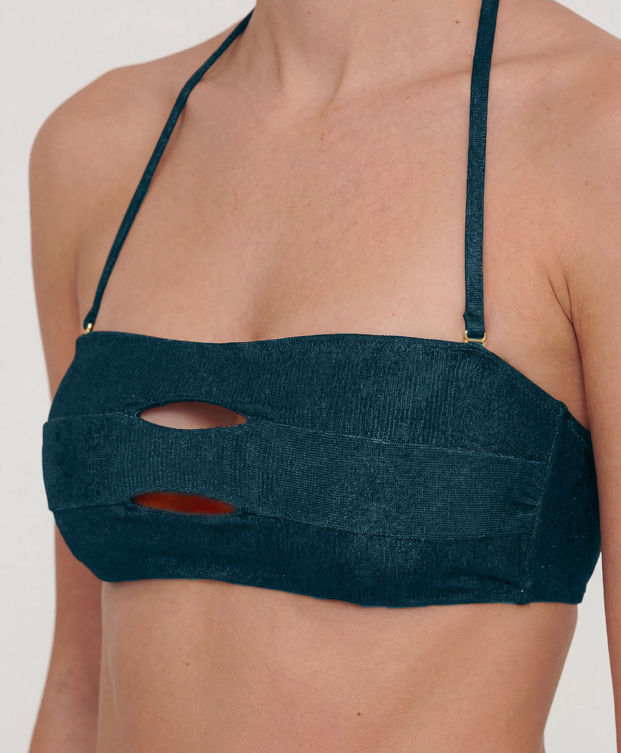 Cosmic Color Block Bandeau glossy bandeau swimsuit with center cutouts and high-shine finish