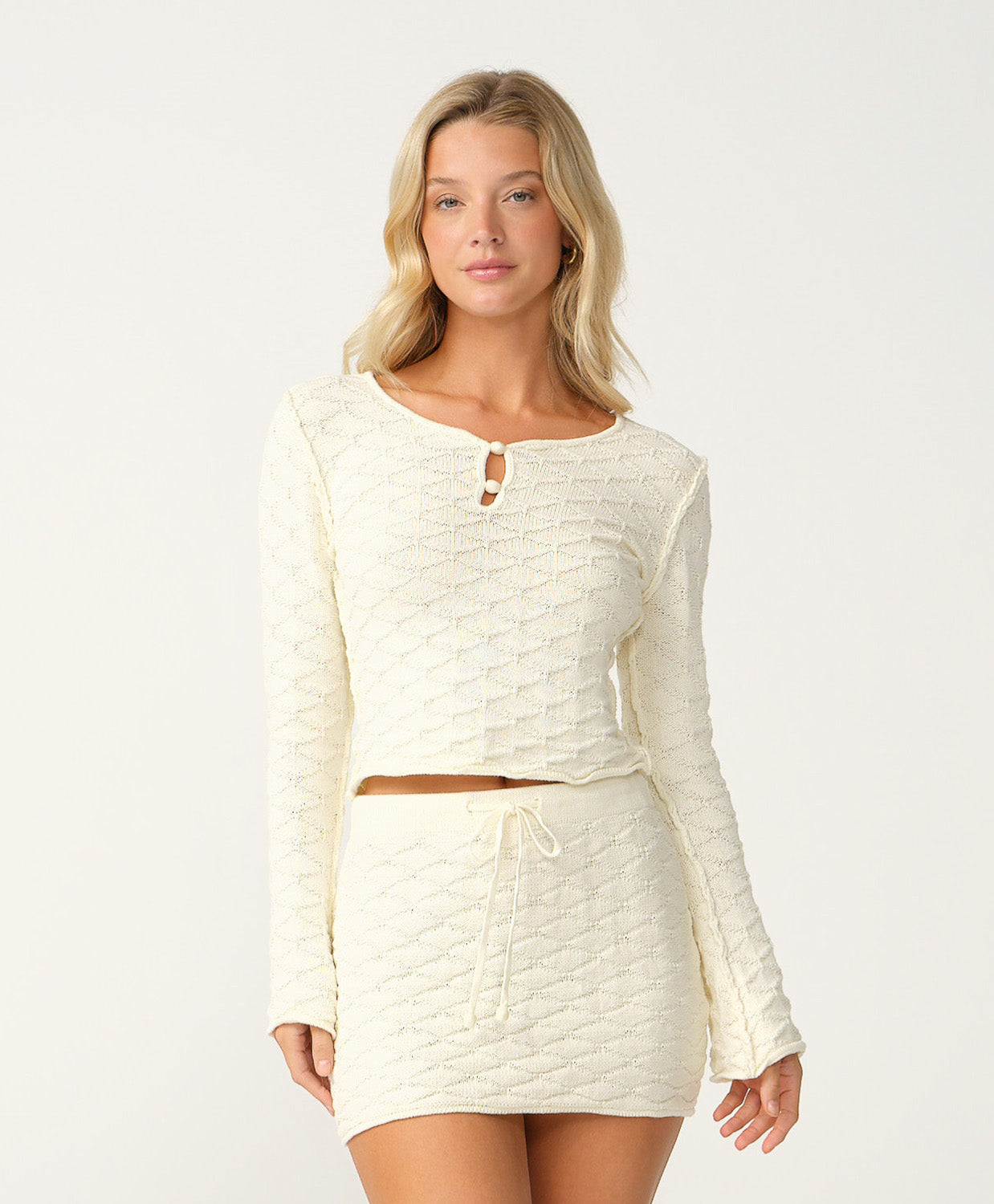 Cream Olive Crochet Short Skirt with adjustable tie waist