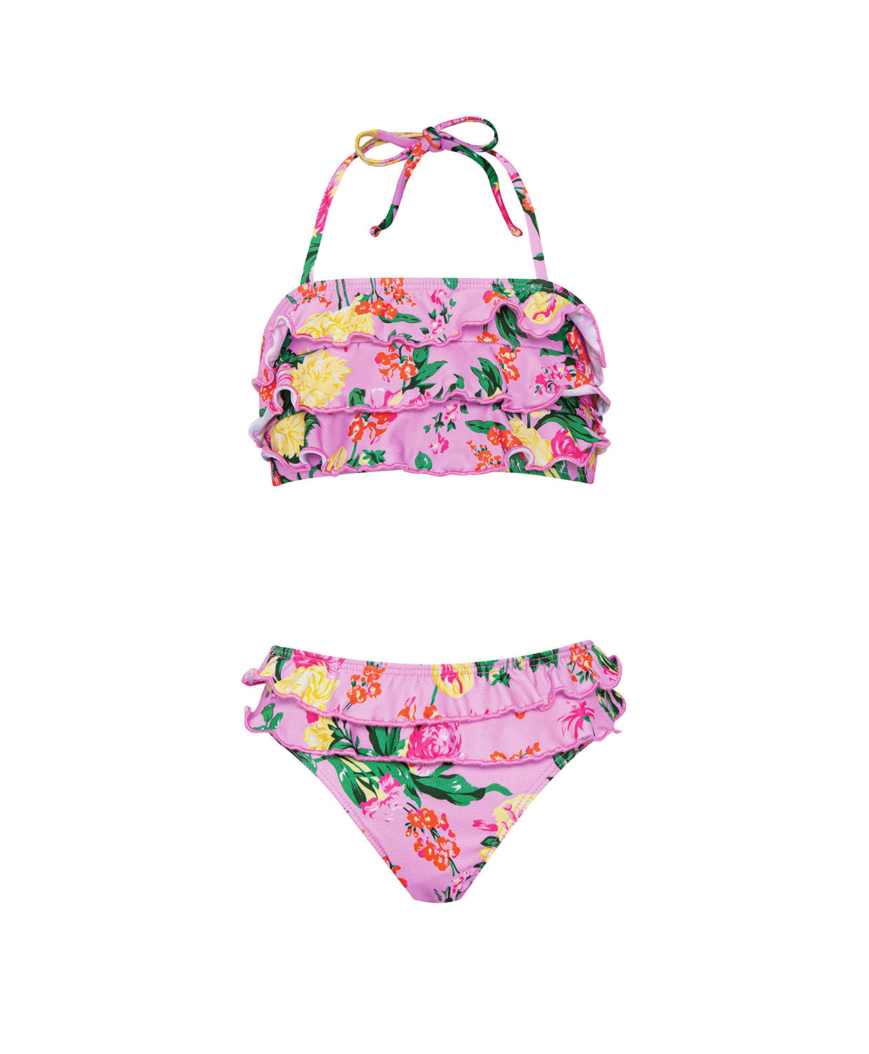 Kids Dahlia Ruffle Bikini – pink floral two-piece swimsuit with bold ruffles and adjustable neck ties.