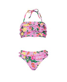 Kids Dahlia Ruffle Bikini – pink floral two-piece swimsuit with bold ruffles and adjustable neck ties.