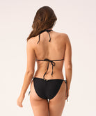 Eclipse Triangle Top — black mesh triangle bikini top with velvet floral overlay, adjustable tie neck and back