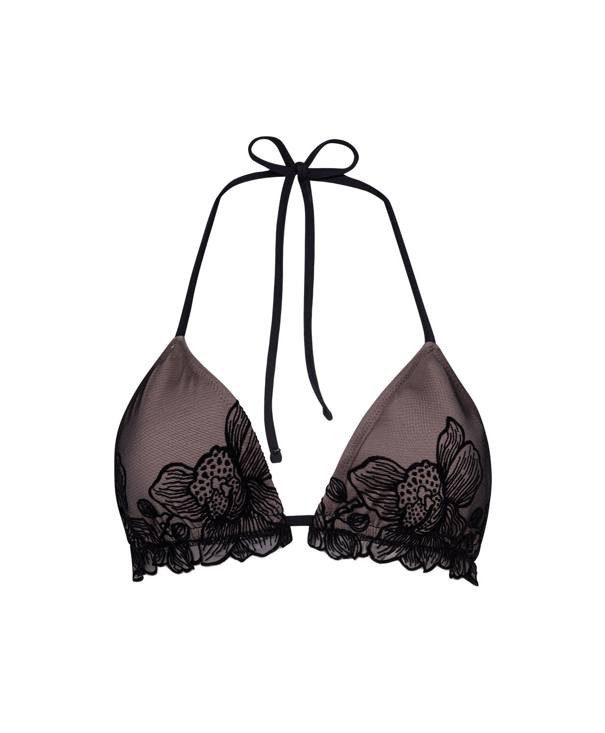 Black lace bikini top on a white background