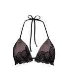 Black lace bikini top on a white background