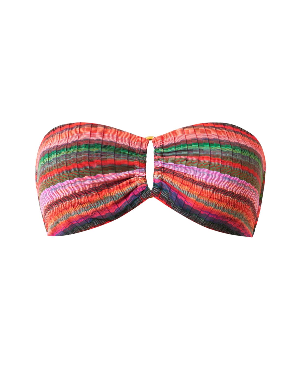 A multi-colored stripe print bandeau bikini top with gold details. Featured against a white wall background.