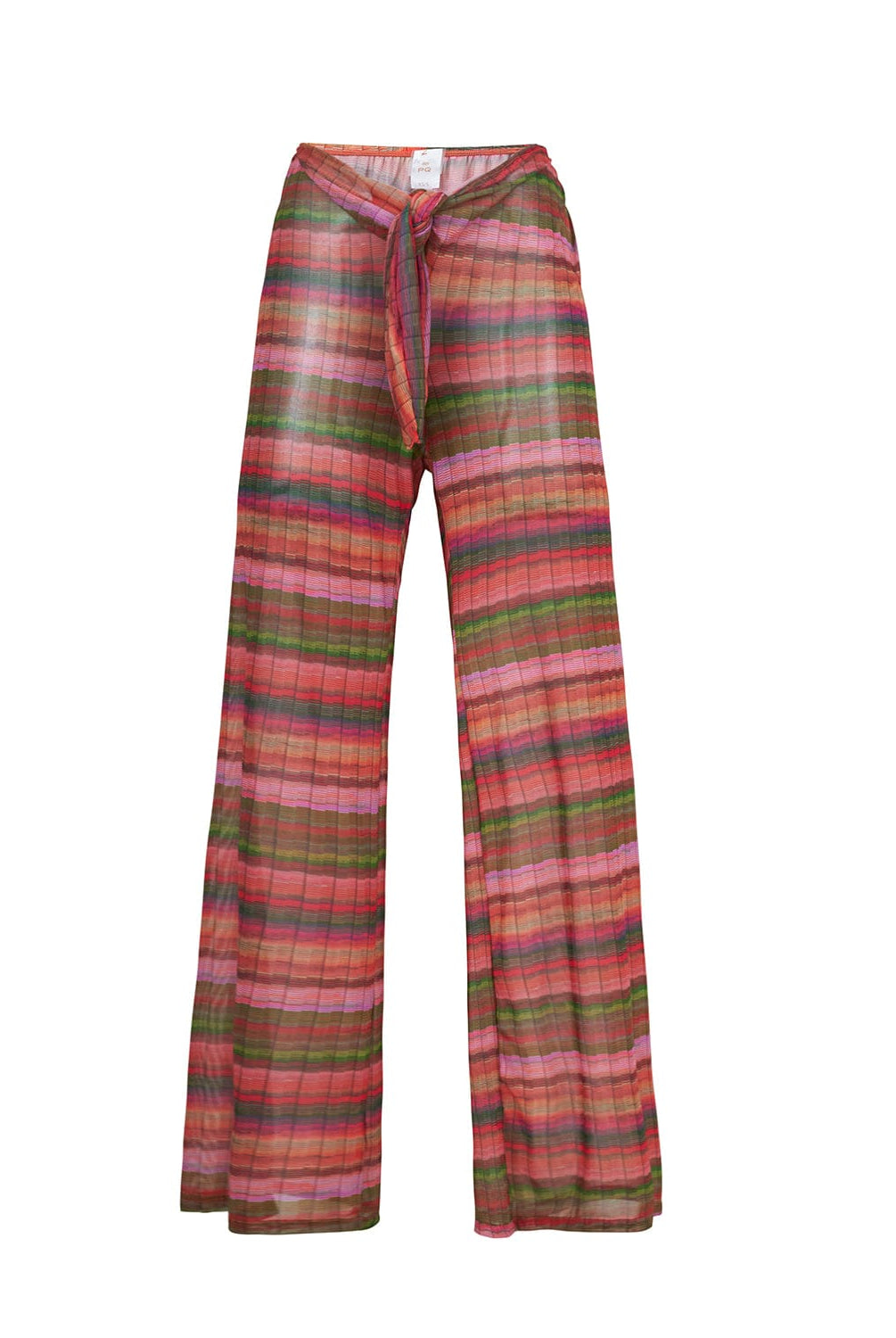 A pair of multi-colored stripe print textured pants. Featured against a white wall background.