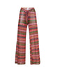 A pair of multi-colored stripe print textured pants. Featured against a white wall background.