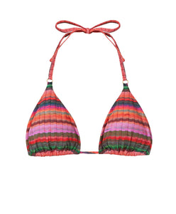A multi-colored stripe print triangle bikini top with gold details. Featured against a white wall background.