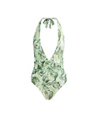 Floral Palm Halter One Piece swimsuit with tropical print and halter neckline