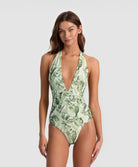 Floral Palm Halter One Piece swimsuit with tropical print and halter neckline