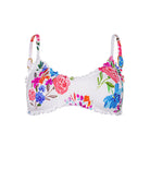 Florencia Smocked Lettuce Edge Bralette Top featuring a scoop neckline, vibrant floral smocked fabric