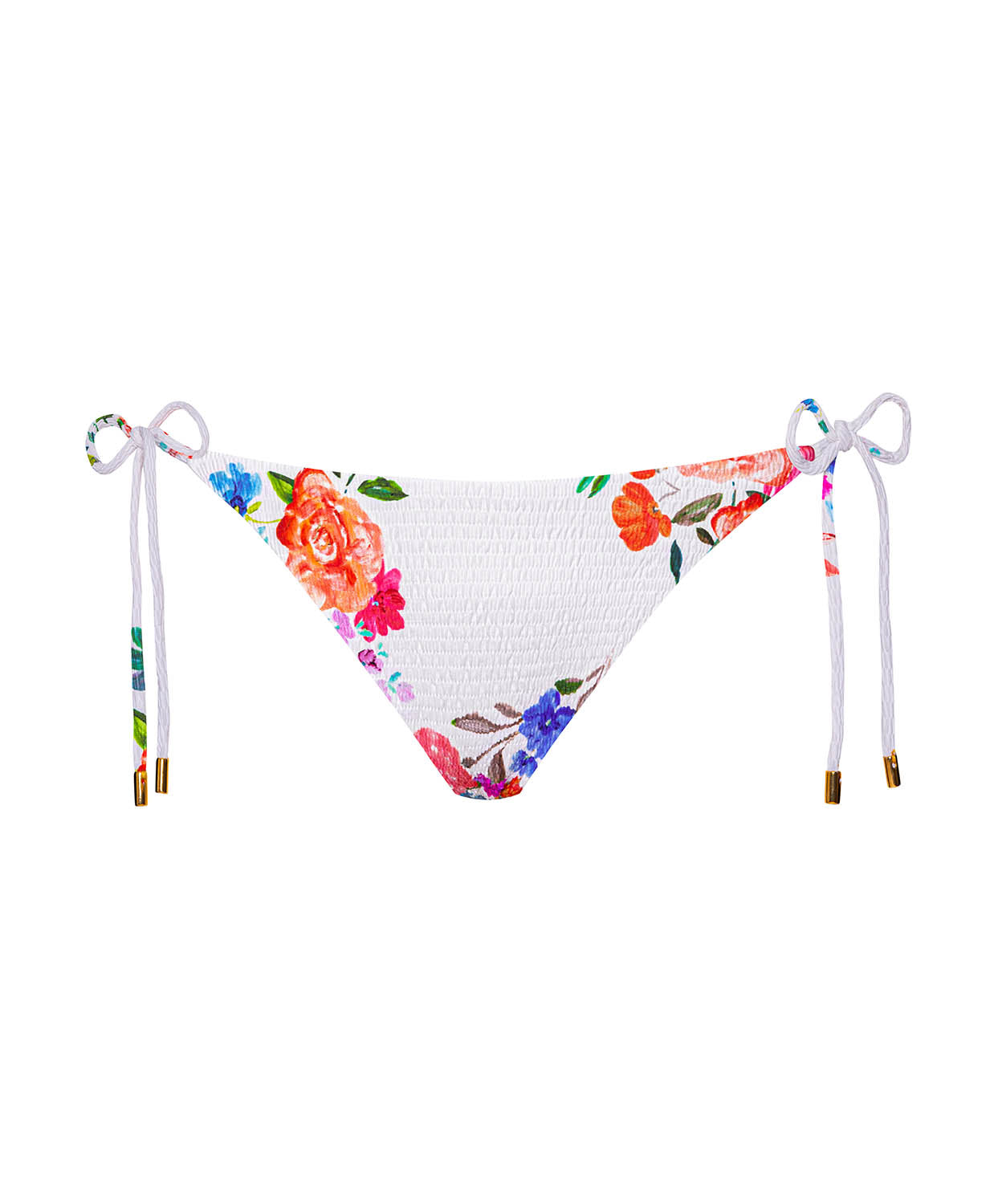 Florencia Smocked Tie Side Bikini Bottom in a vibrant floral pattern, featuring soft smocked fabric